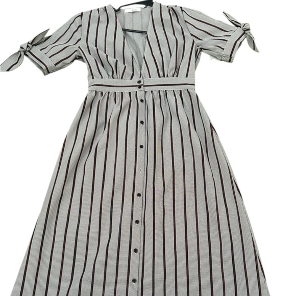 Striped Midi Dress with Tie Sleeves - Black & White
